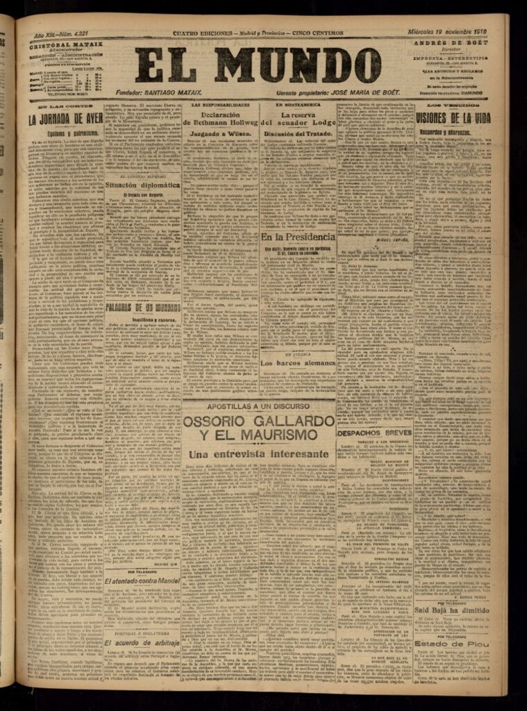 Miniatura de El Mundo del 19 de noviembre de 1919 (edición de provincias)