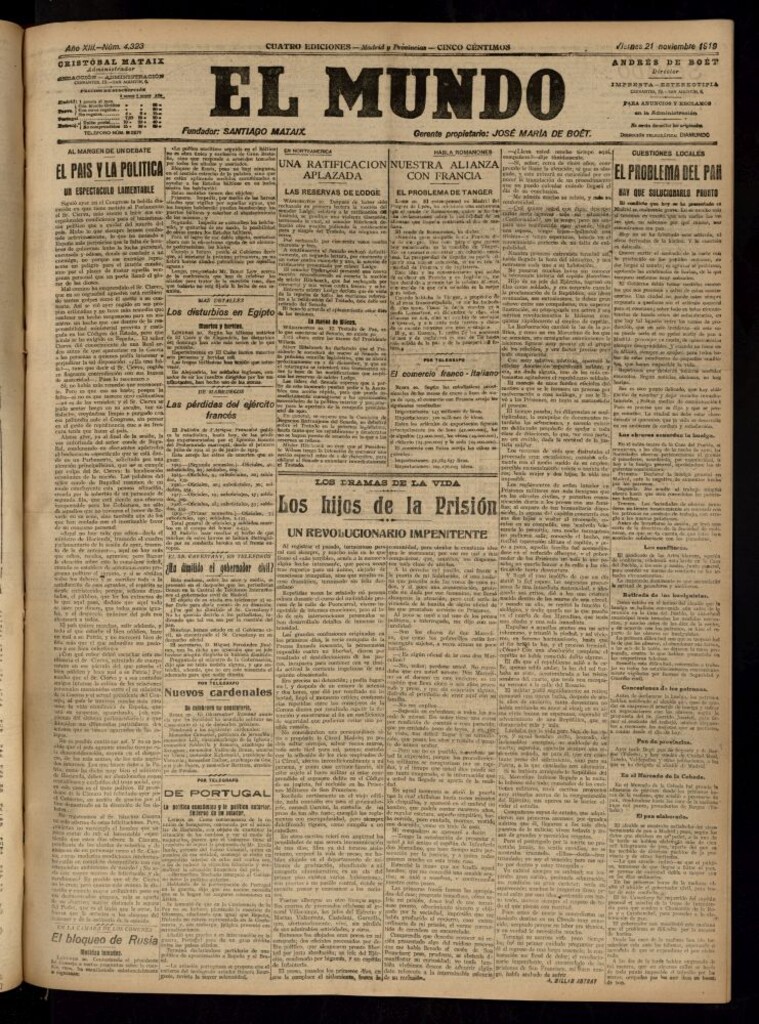 Miniatura de El Mundo del 21 de noviembre de 1919 (edición de provincias)