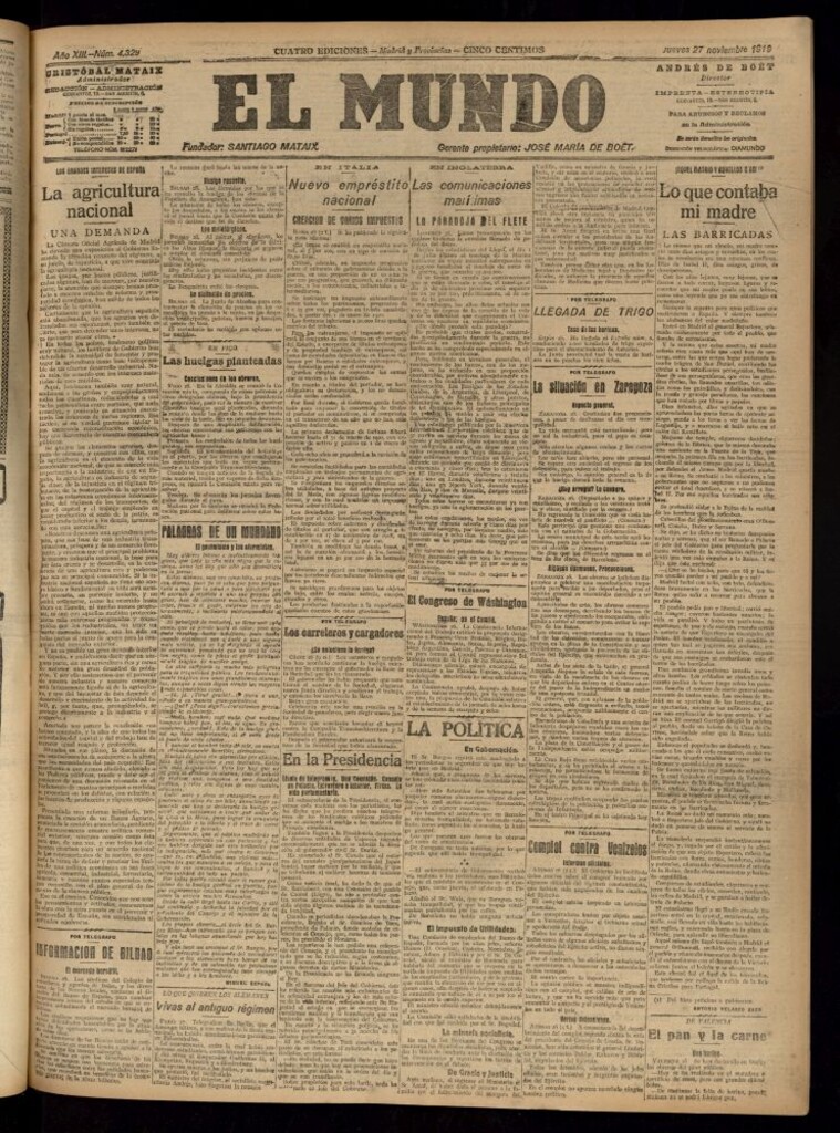 Miniatura de El Mundo del 27 de noviembre de 1919 (edición de provincias)