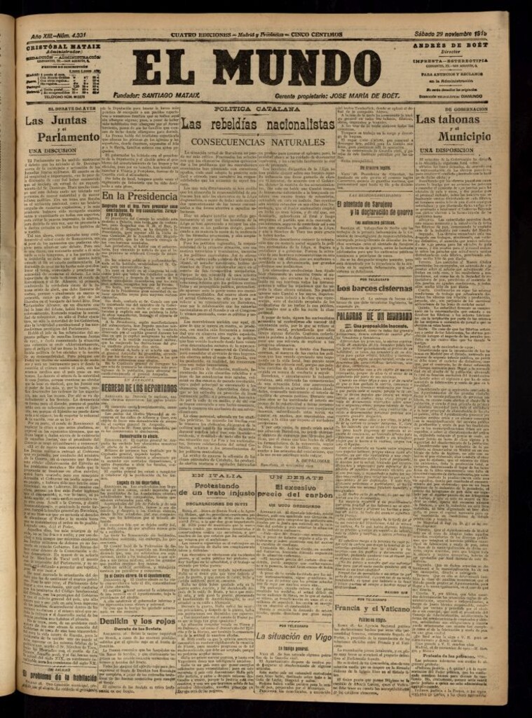 Miniatura de El Mundo del 29 de noviembre de 1919 (edición de provincias)