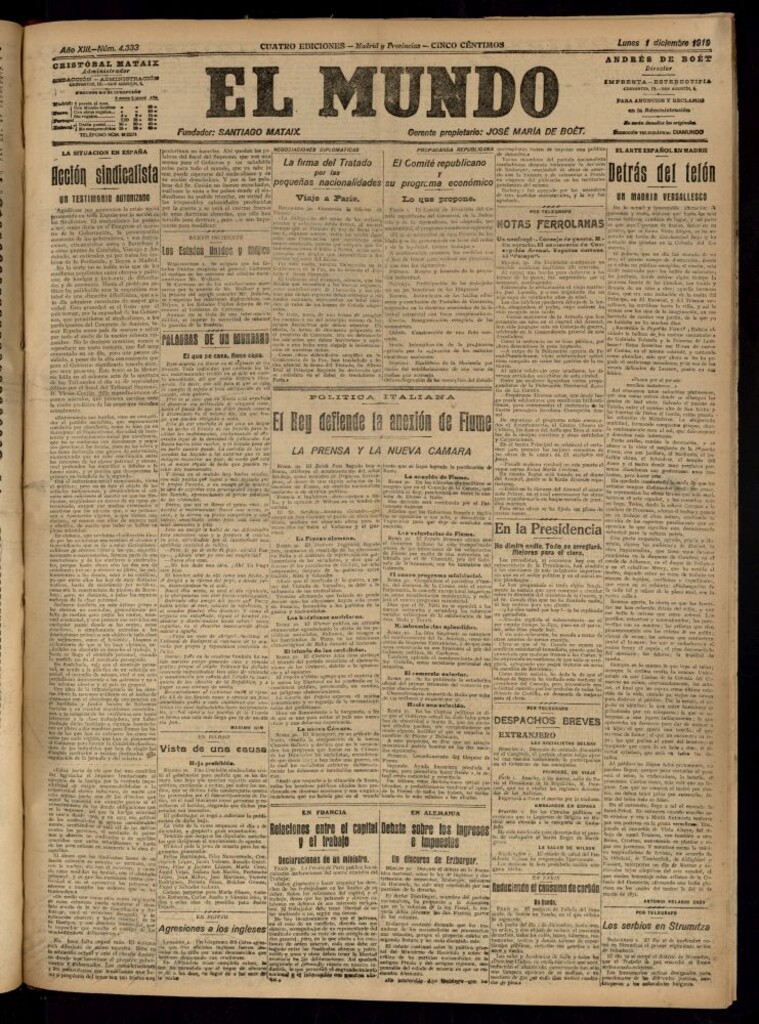 Miniatura de El Mundo del 1 de diciembre de 1919 (edición de provincias)