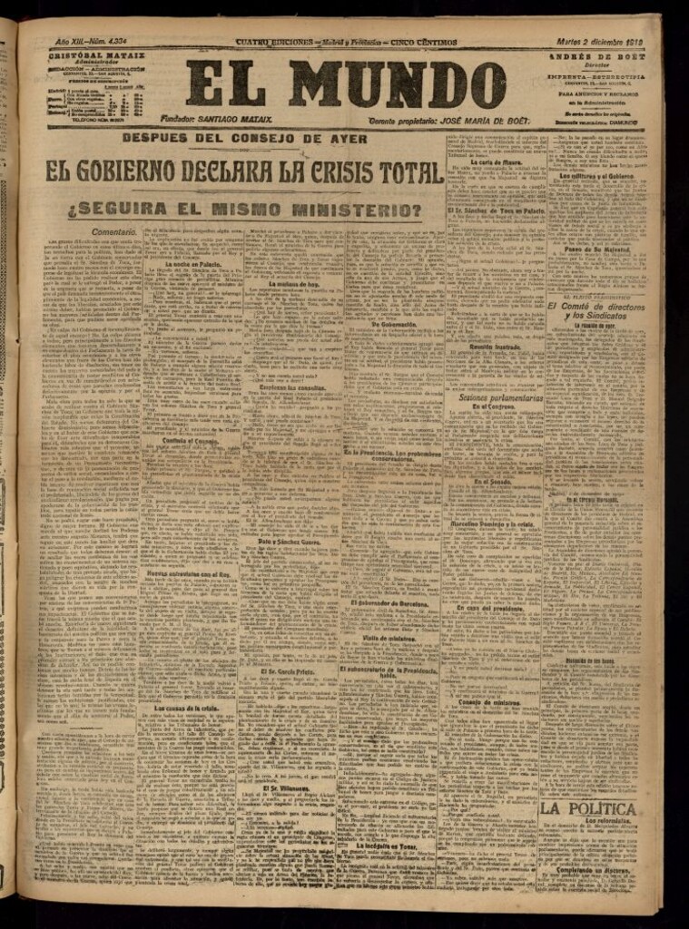 Miniatura de El Mundo del 2 de diciembre de 1919 (edición de provincias)