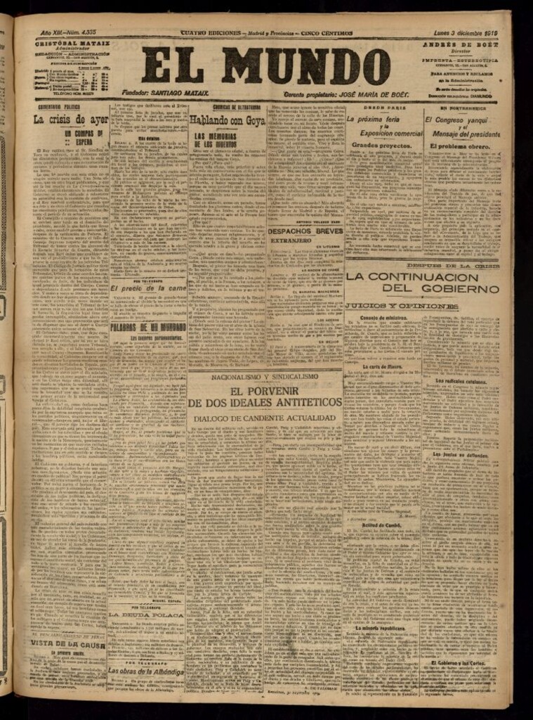 Miniatura de El Mundo del 3 de diciembre de 1919 (edición de provincias)