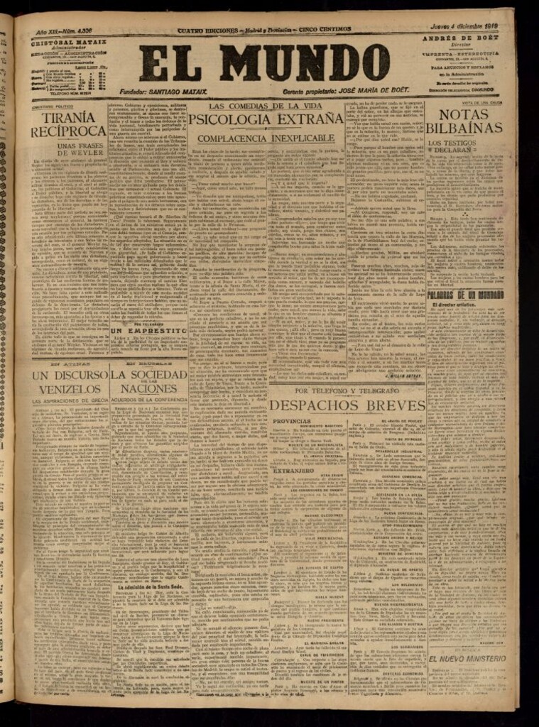 Miniatura de El Mundo del 4 de diciembre de 1919 (edición de provincias)
