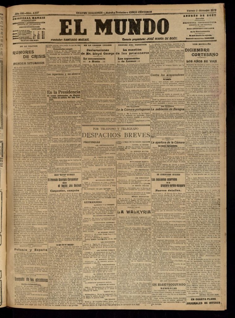 Miniatura de El Mundo del 5 de diciembre de 1919 (edición de provincias)