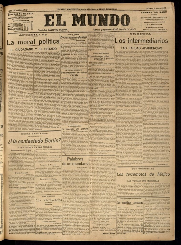 Miniatura de El Mundo del 6 de enero de 1920 (edición de provincias)