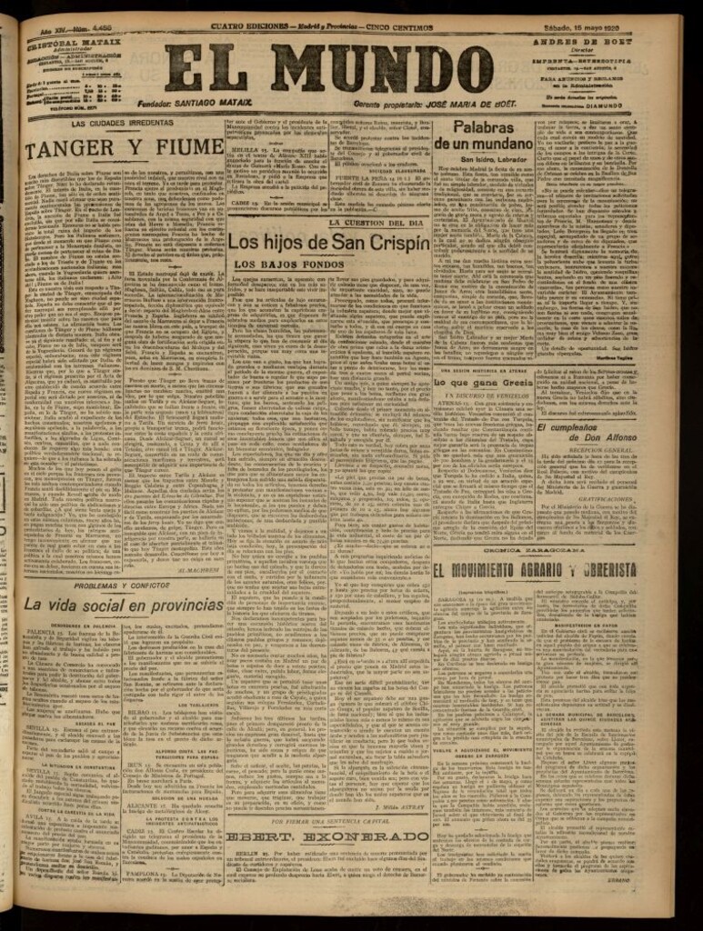 Miniatura de El Mundo del 15 de mayo de 1920 (edición de provincias)