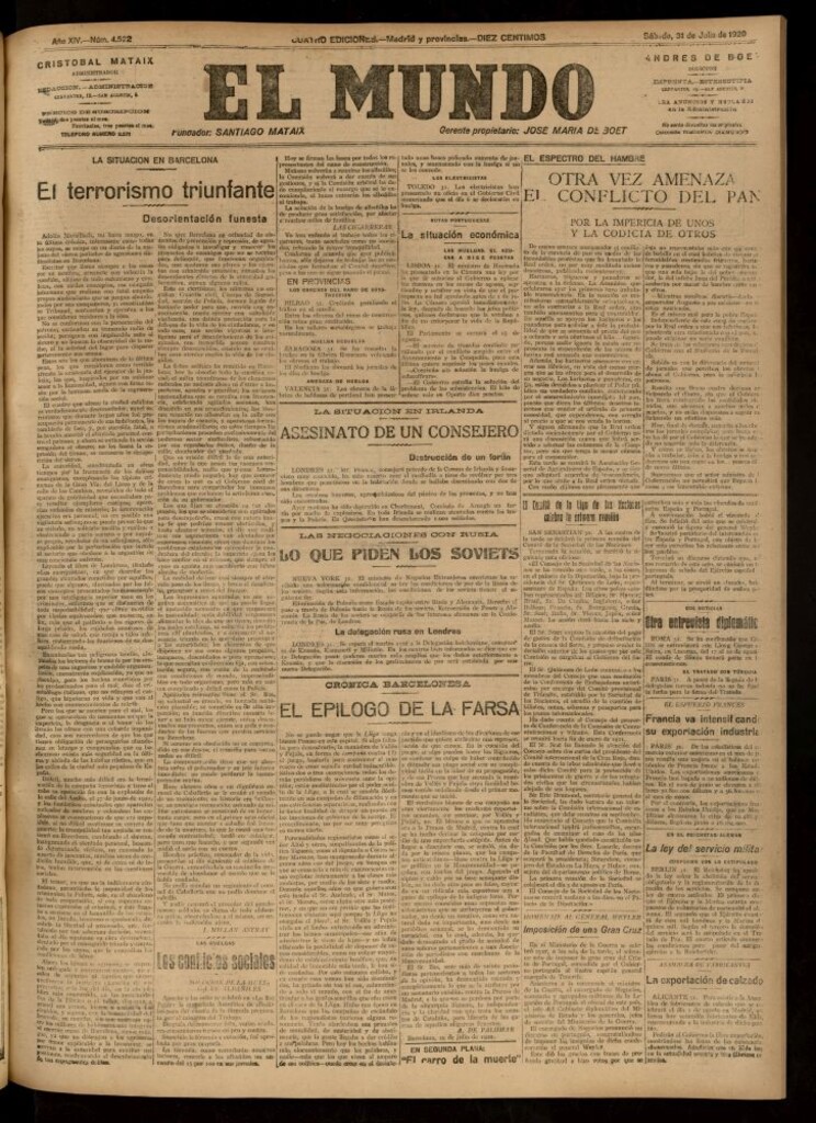 Miniatura de El Mundo del 31 de julio de 1920 (edición de provincias)