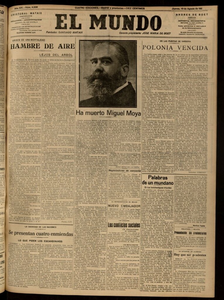 Miniatura de El Mundo del 19 de agosto de 1920 (edición de provincias)