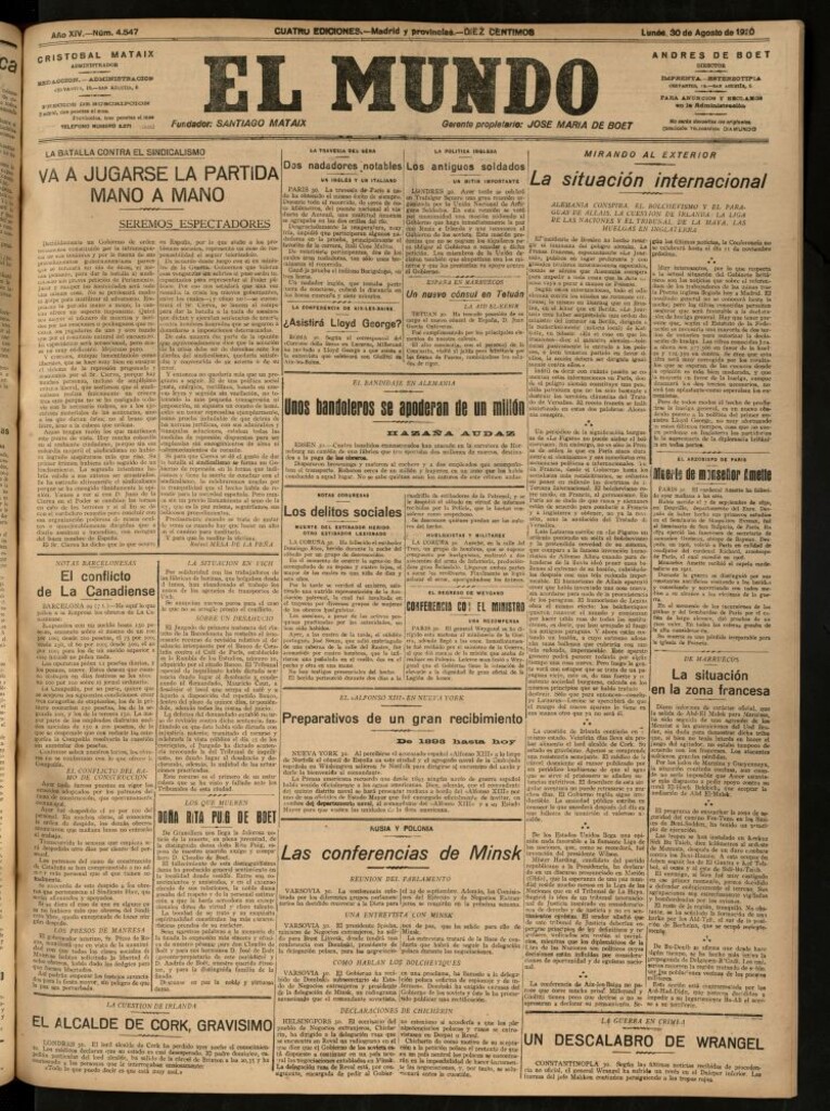 Miniatura de El Mundo del 30 de agosto de 1920 (edición de provincias)