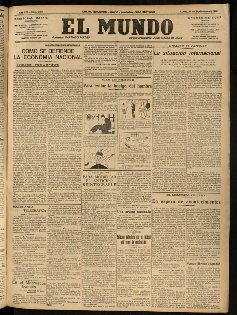 Miniatura de El Mundo del 27 de septiembre de 1920 (edición de provincias)