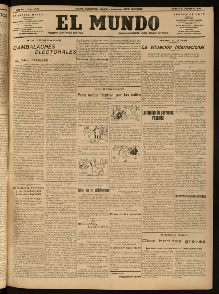 Miniatura de El Mundo del 11 de octubre de 1920 (edición de provincias)
