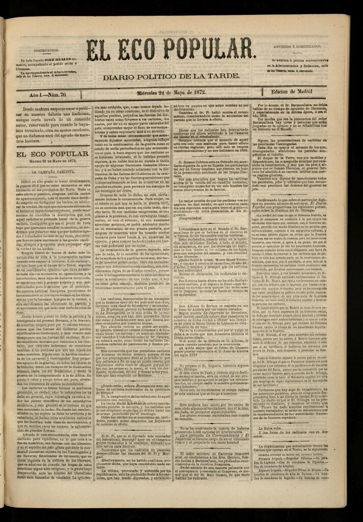 Miniatura de El Eco Popular del 22 de mayo de 1872