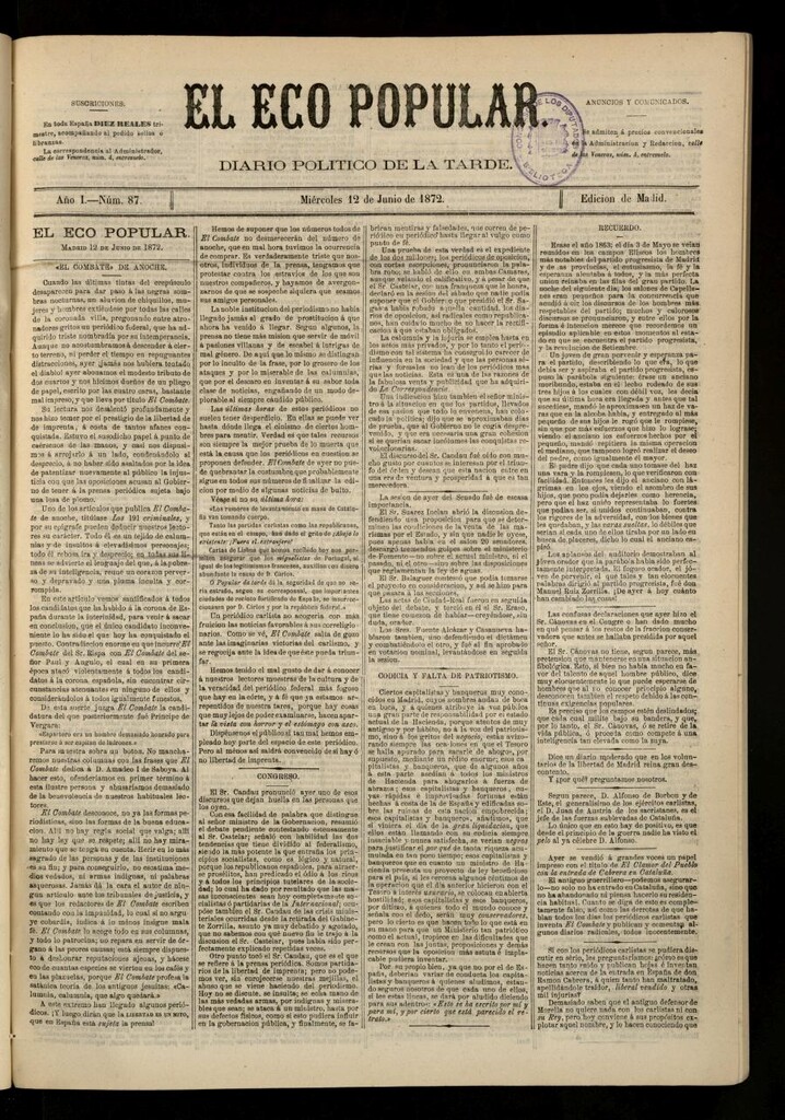 Miniatura de El Eco Popular del 12 de junio de 1872
