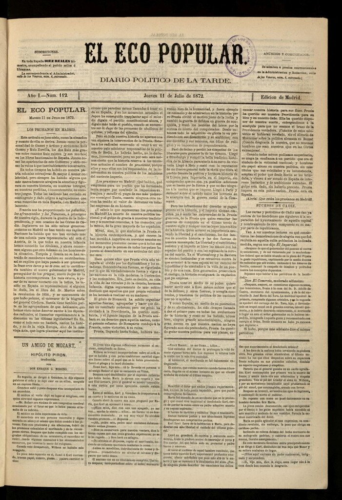 Miniatura de El Eco Popular del 11 de julio de 1872