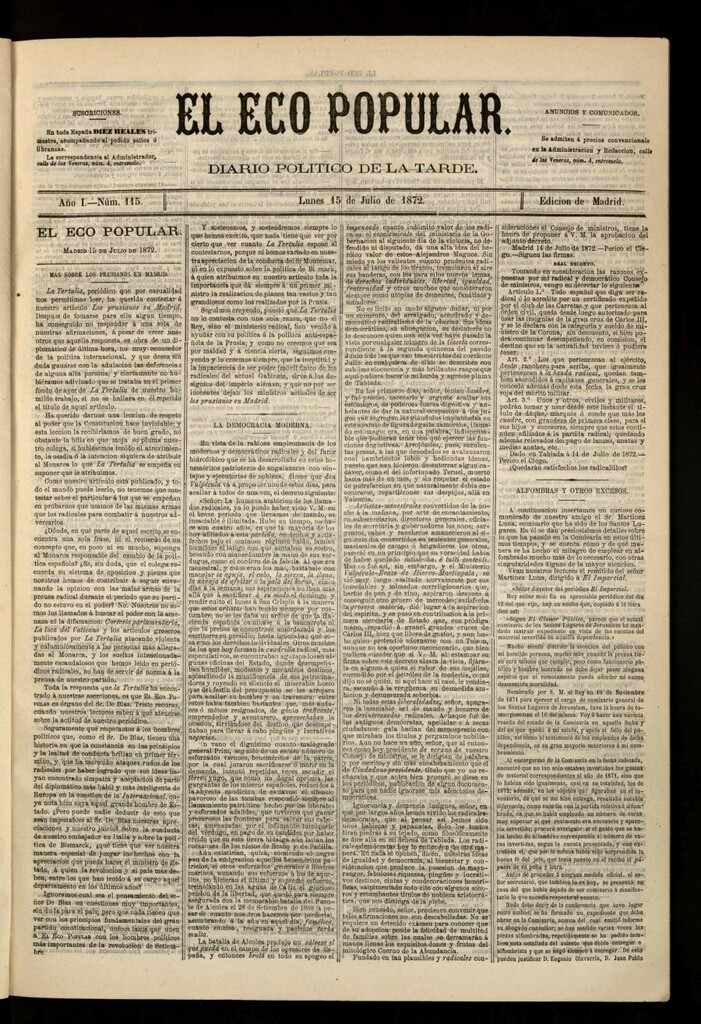 Miniatura de El Eco Popular del 15 de julio de 1872
