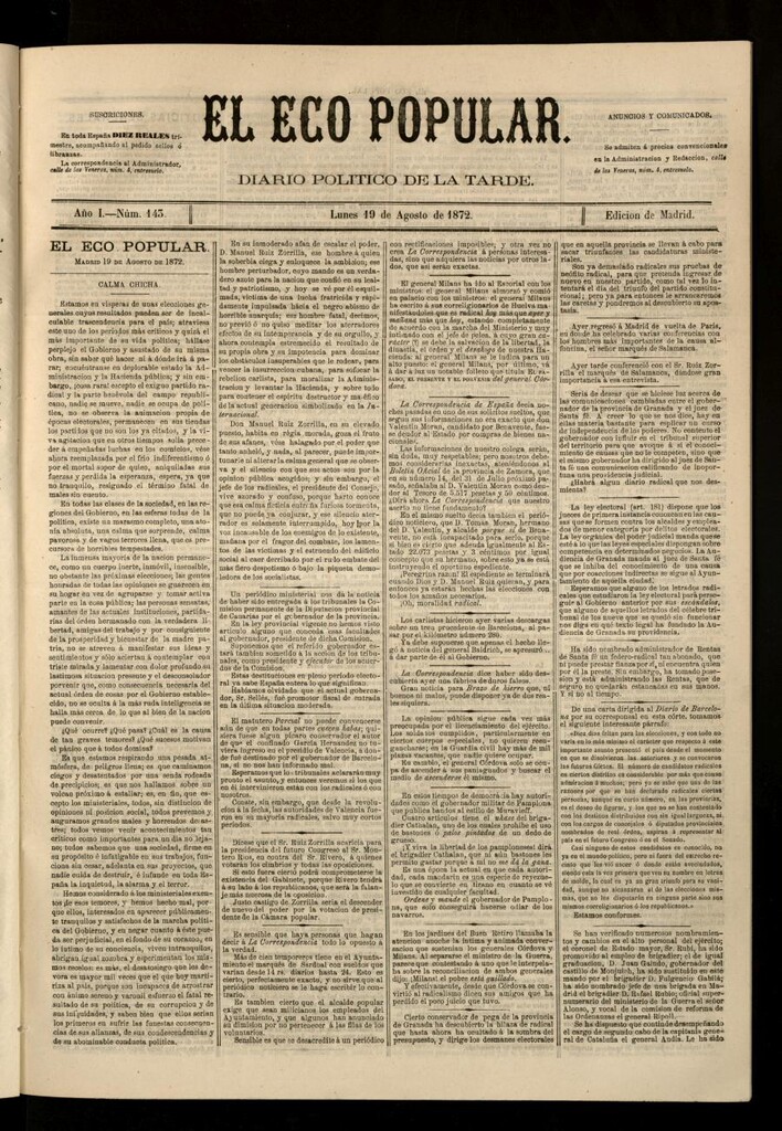 Miniatura de El Eco Popular del 19 de agosto de 1872