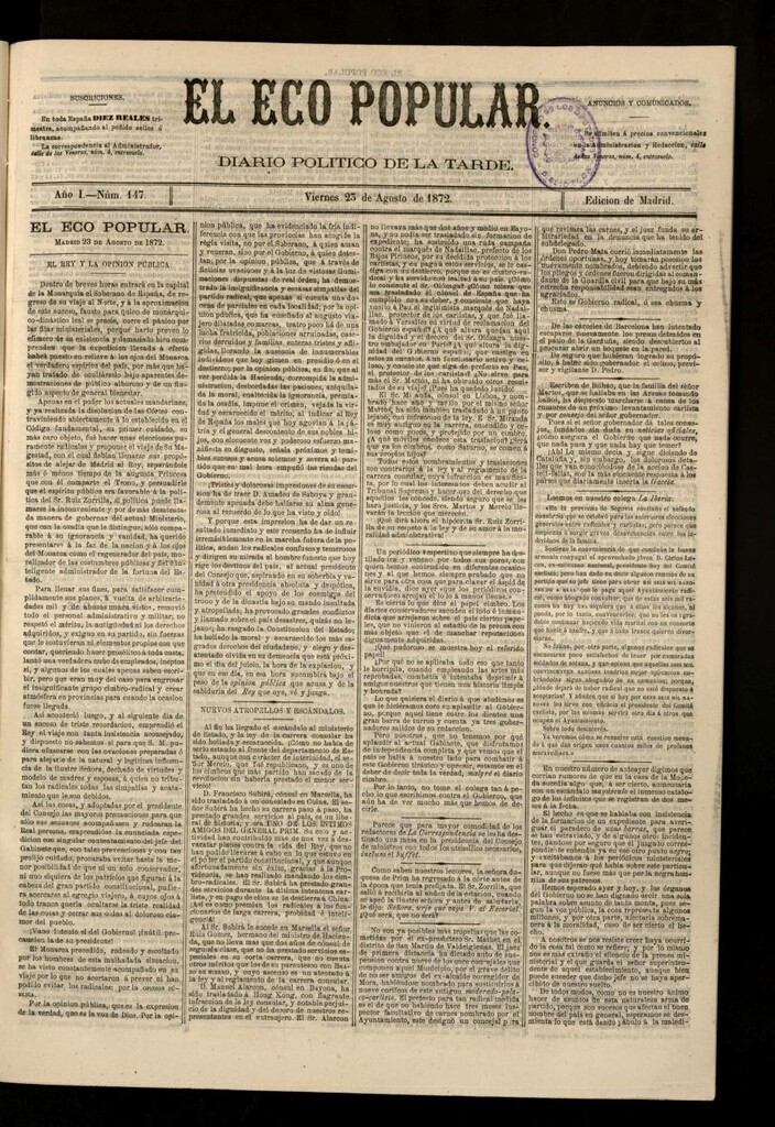 Miniatura de El Eco Popular del 23 de agosto de 1872