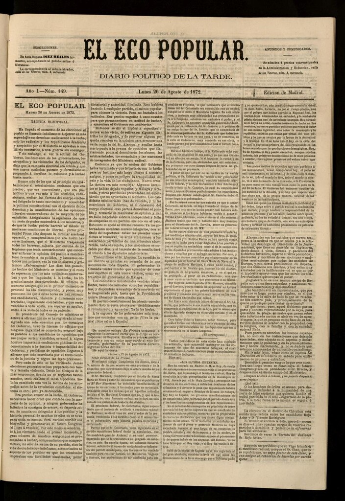 Miniatura de El Eco Popular del 26 de agosto de 1872