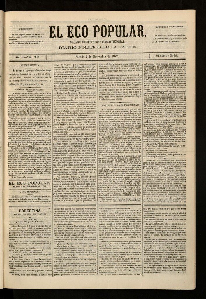 Miniatura de El Eco Popular del 2 de noviembre de 1872