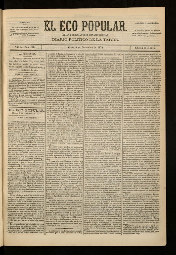 Miniatura de El Eco Popular del 5 de noviembre de 1872