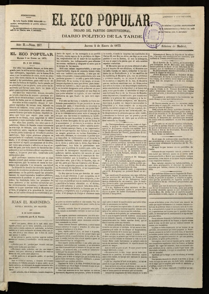 Miniatura de El Eco Popular del 2 de enero de 1873
