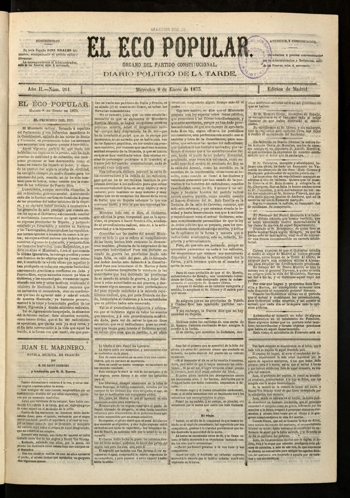 Miniatura de El Eco Popular del 8 de enero de 1873