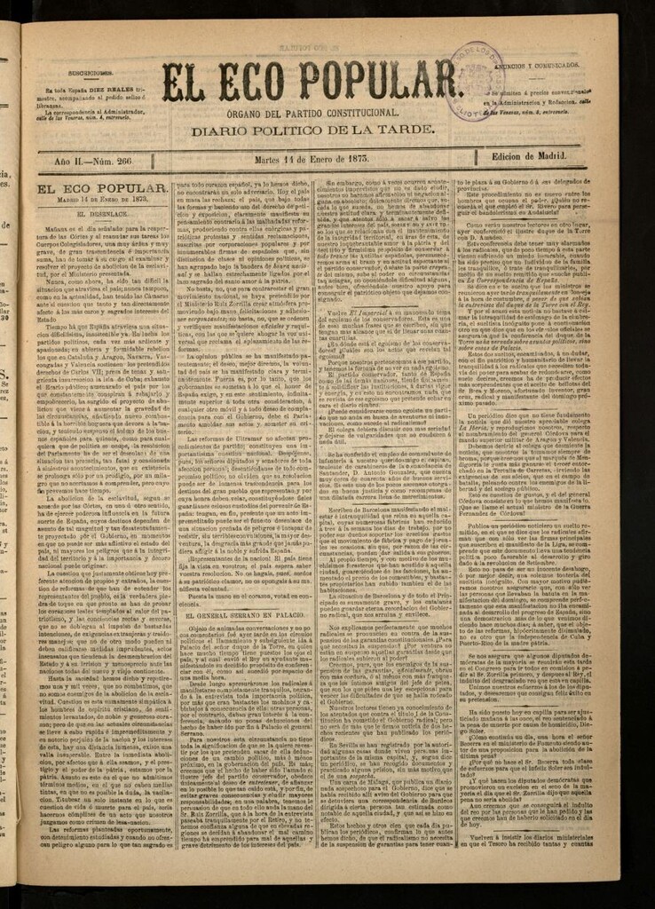 Miniatura de El Eco Popular del 14 de enero de 1873