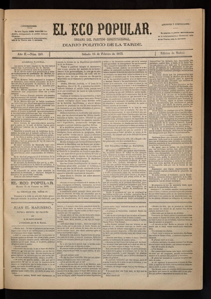 Miniatura de El Eco Popular del 15 de febrero de 1873