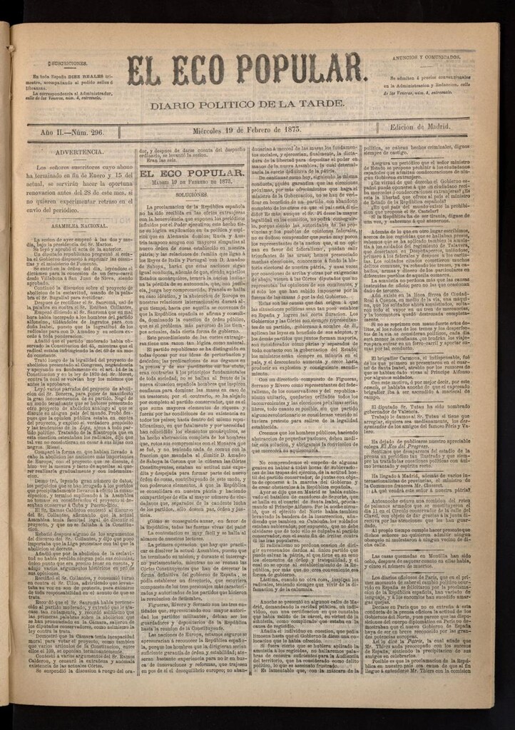 Miniatura de El Eco Popular del 19 de febrero de 1873