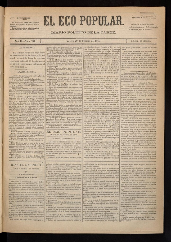 Miniatura de El Eco Popular del 20 de febrero de 1873