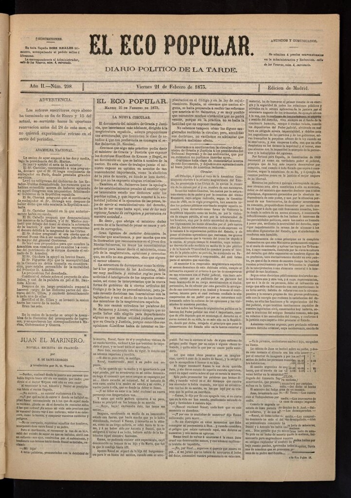 Miniatura de El Eco Popular del 21 de febrero de 1873