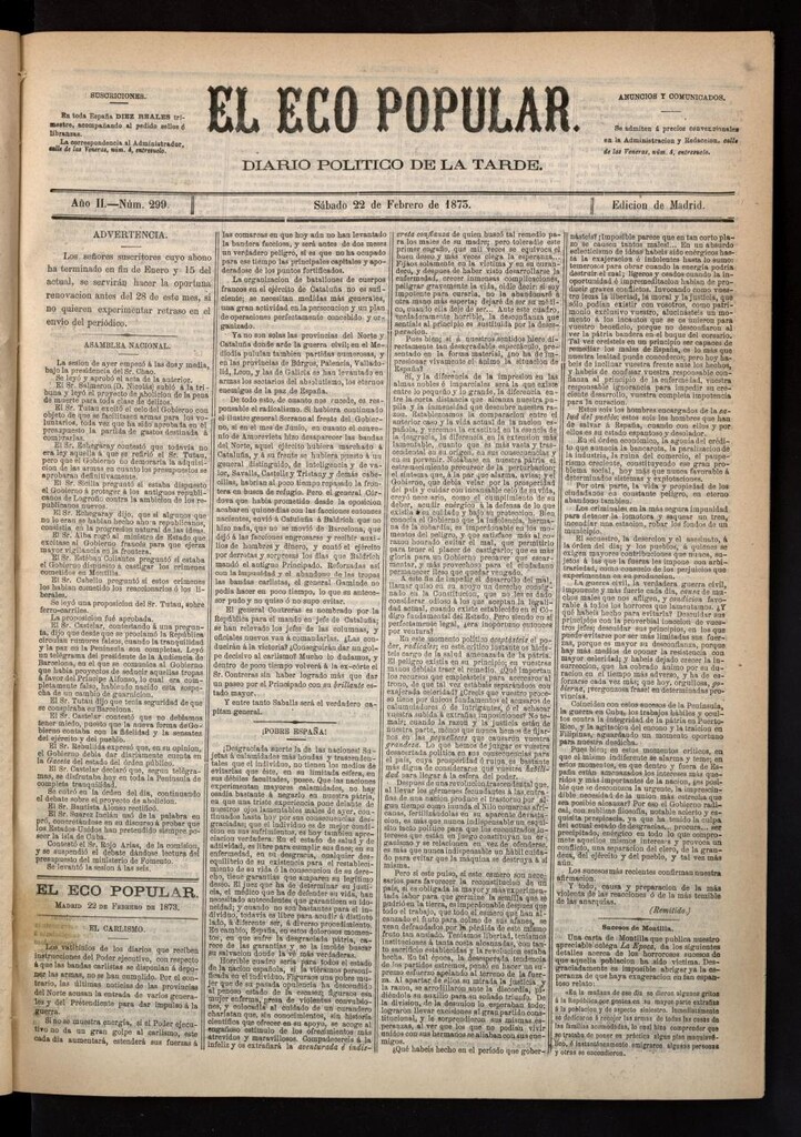 Miniatura de El Eco Popular del 22 de febrero de 1873