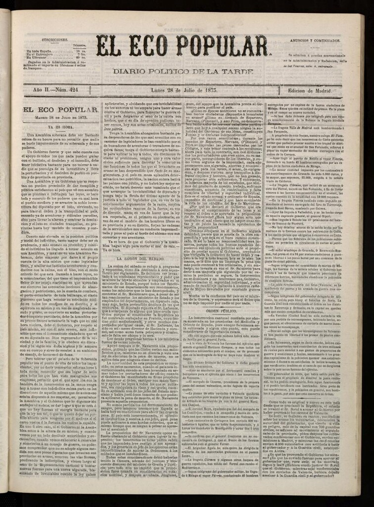 Miniatura de El Eco Popular del 28 de julio de 1873