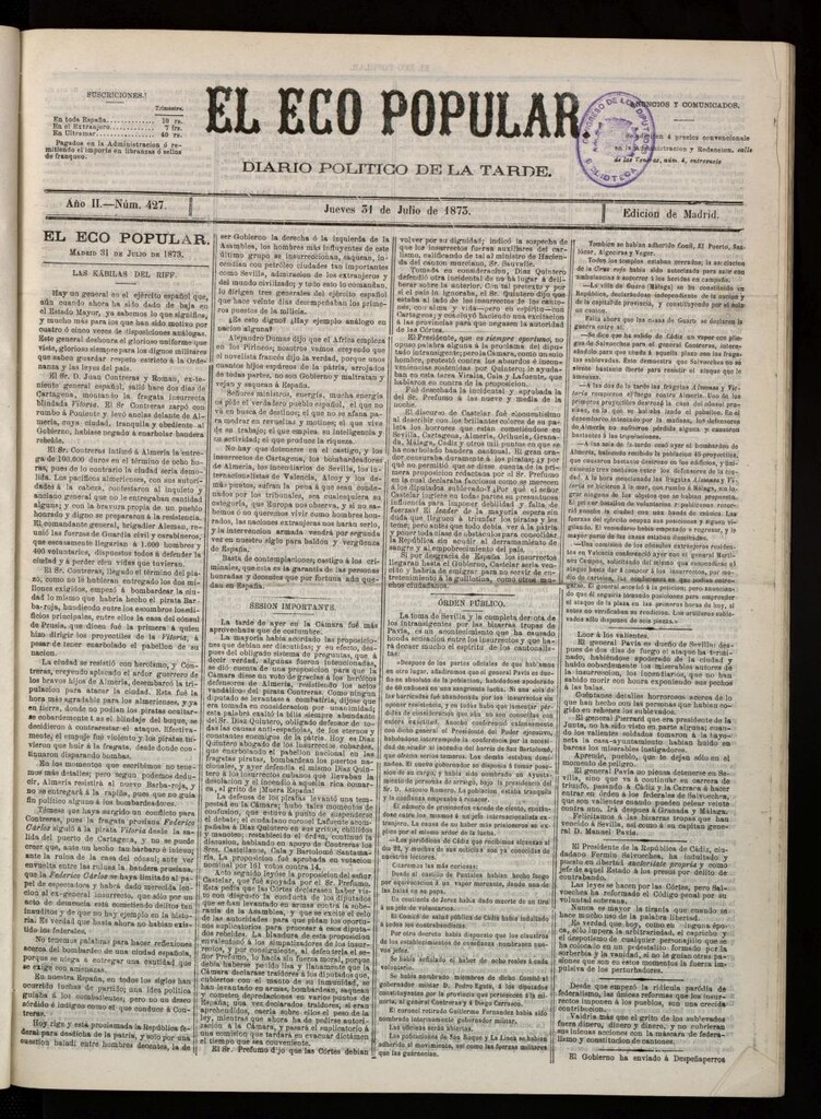 Miniatura de El Eco Popular del 31 de julio de 1873