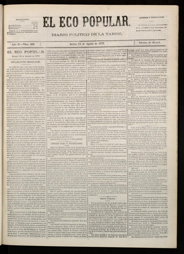 Miniatura de El Eco Popular del 14 de agosto de 1873