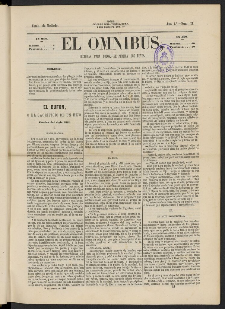 Miniatura de El Ómnibus: lecturas para todos del 19 de mayo de 1856, nº 21