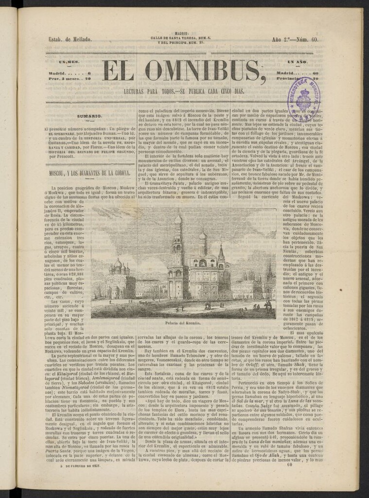 Miniatura de El Ómnibus: lecturas para todos del 5 de febrero de de 1857, nº 60