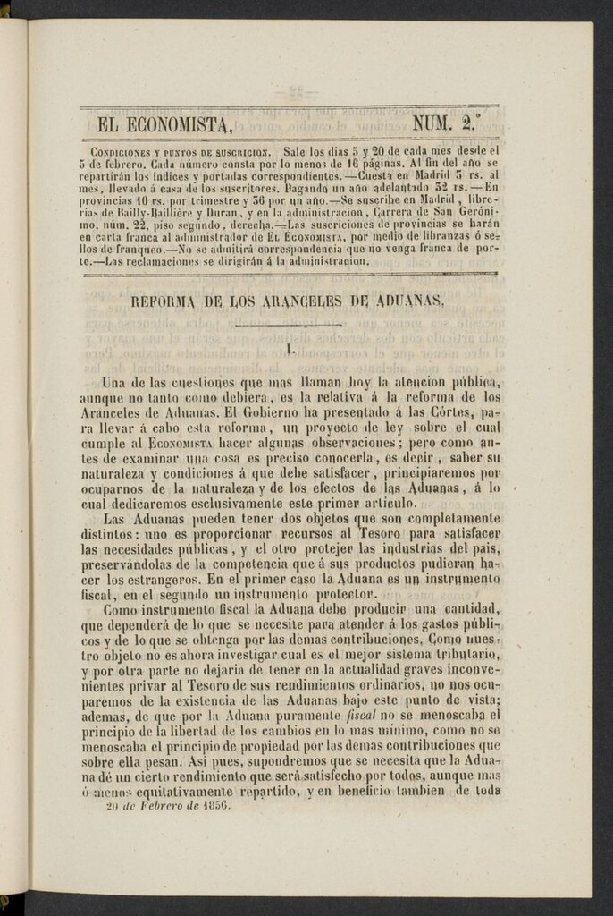 Miniatura de El Economista: periódico quincenal del 20 de febrero de 1856, nº 2