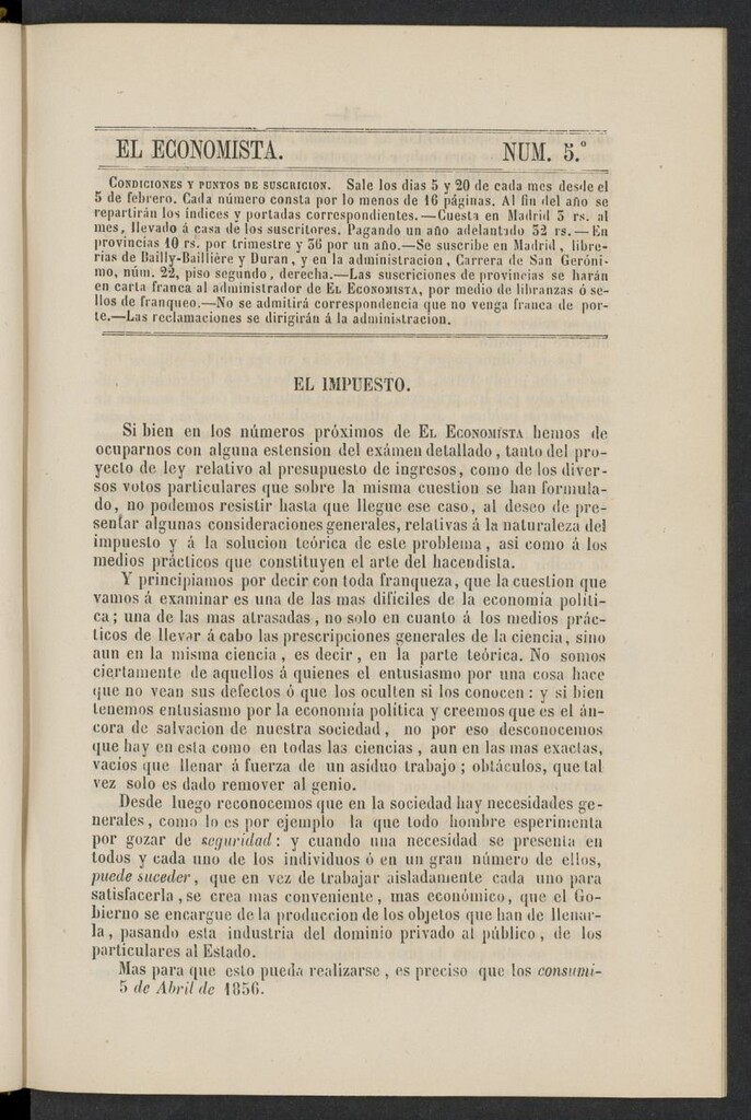 Miniatura de El Economista: periódico quincenal del 5 de abril de 1856, nº 5