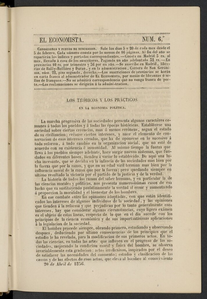 Miniatura de El Economista: periódico quincenal del 20 de abril de 1856, nº 6