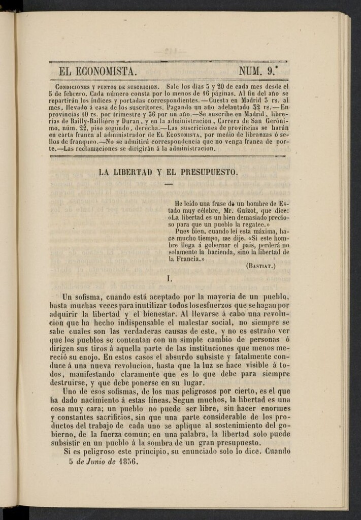 Miniatura de El Economista: periódico quincenal del 5 de junio de 1856, nº 9