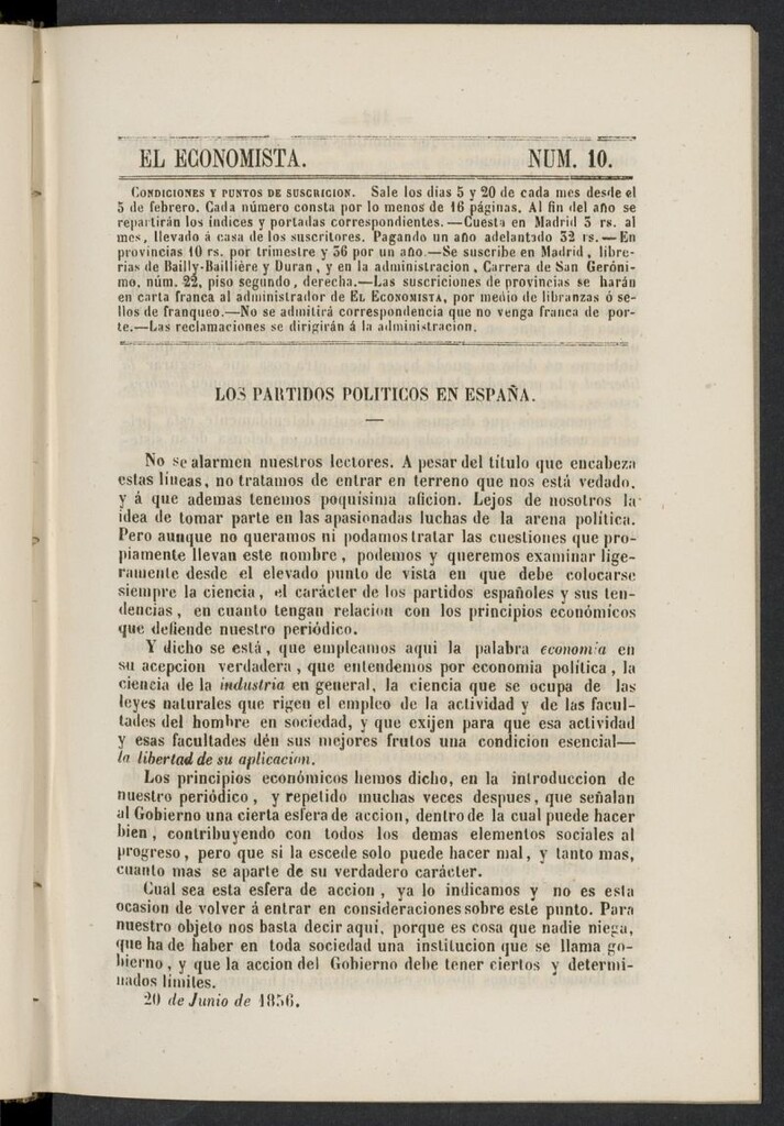 Miniatura de El Economista: periódico quincenal del 20 de junio de 1856, nº 10