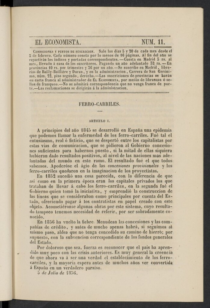 Miniatura de El Economista: periódico quincenal del 5 de julio de 1856, nº 11