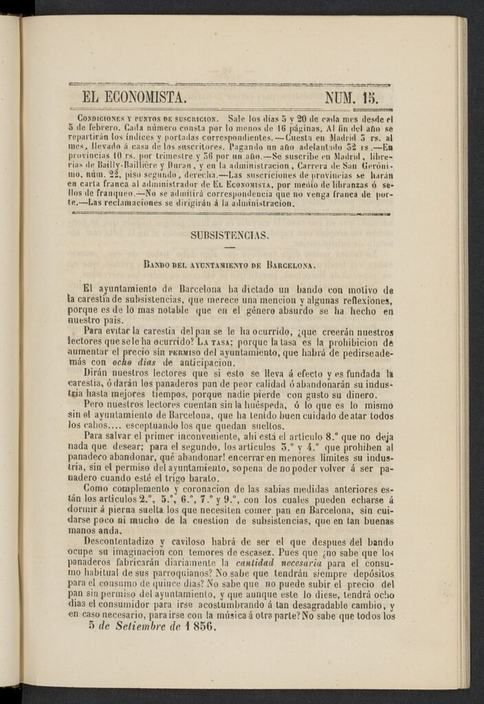 Miniatura de El Economista: periódico quincenal del 5 de septiembre de 1856, nº 15