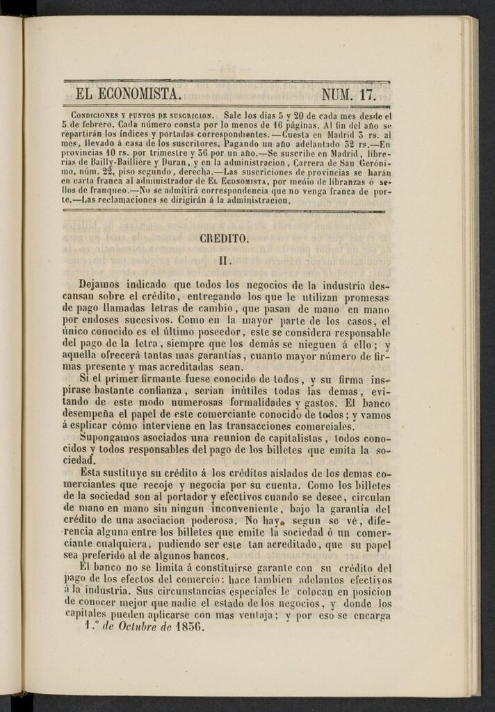 Miniatura de El Economista: periódico quincenal del 1 de octubre de 1856, nº 17