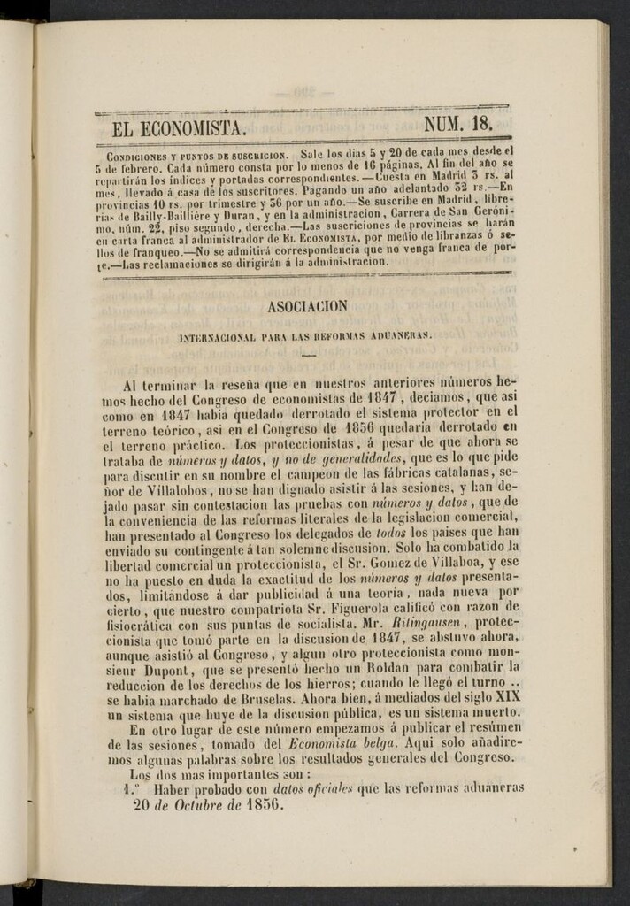 Miniatura de El Economista: periódico quincenal del 20 de octubre de 1856, nº 18