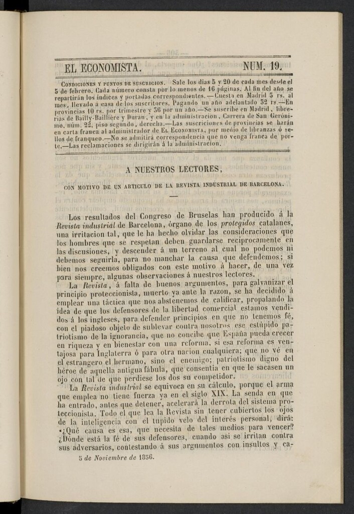 Miniatura de El Economista: periódico quincenal del 5 de noviembre de 1856, nº 19