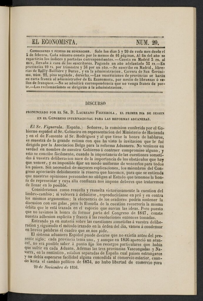 Miniatura de El Economista: periódico quincenal del 20 de noviembre de 1856, nº 20