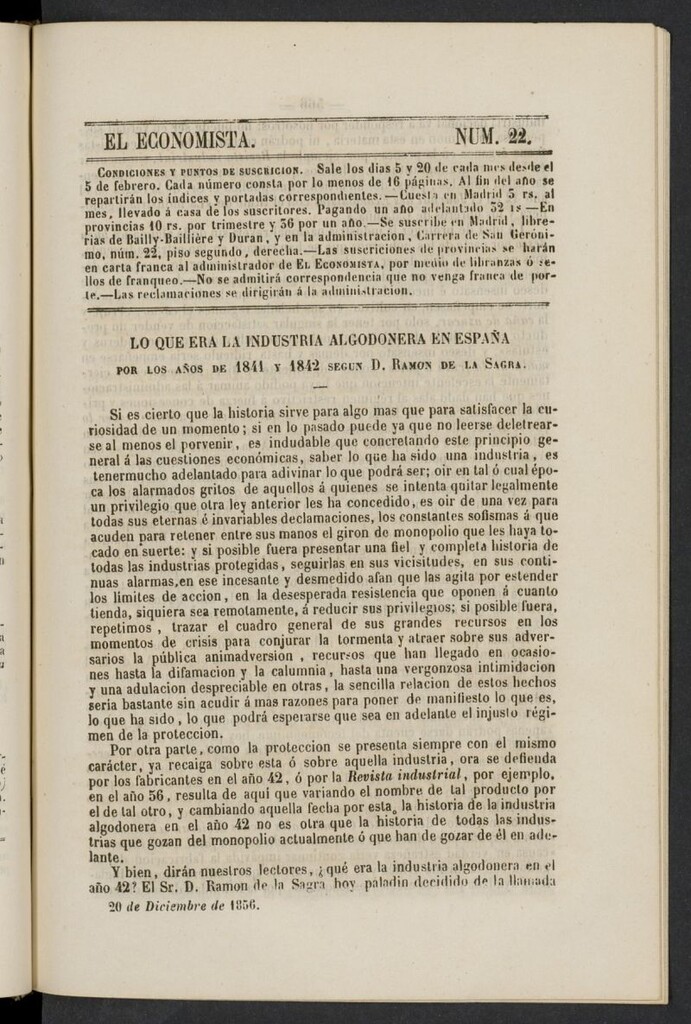 Miniatura de El Economista: periódico quincenal del 20 de diciembre de 1856, nº 22
